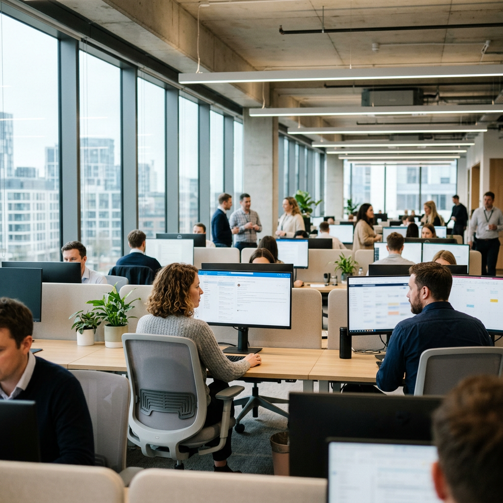 KI-generiertes Bild Großraumbüro mit Mitarbeitern, die an Schreibtischen und Computern arbeiten