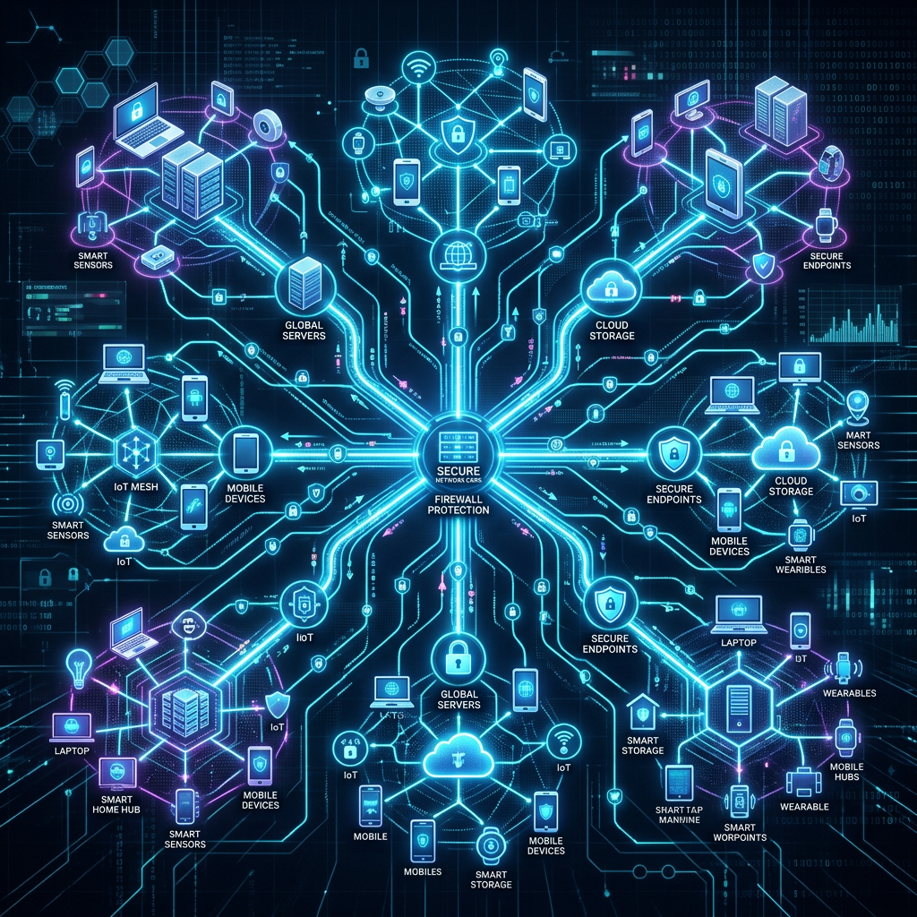 Digital network with secure firewall protection connecting servers, cloud storage, mobile devices, and IoT endpoints